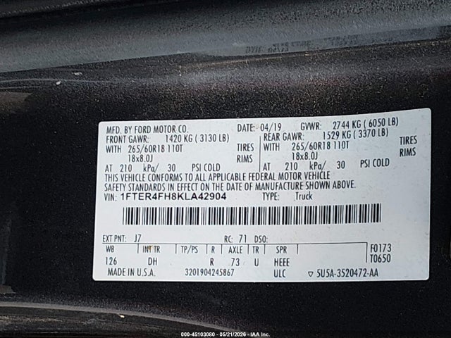 Ford Ranger Lariat 2019 1FTER4FH8KLA42904 Image 9