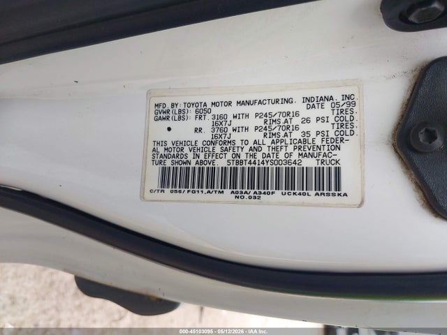 2000 Toyota Tundra Sr5 V8 მანქანა იყიდება აუქციონზე, vin: 5TBBT4414YS003642, აუქციონის ნომერი: 45103095