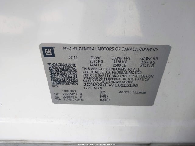 2GNAXKEV7L6115195 Chevrolet Equinox Fwd Lt 1.5l Turbo