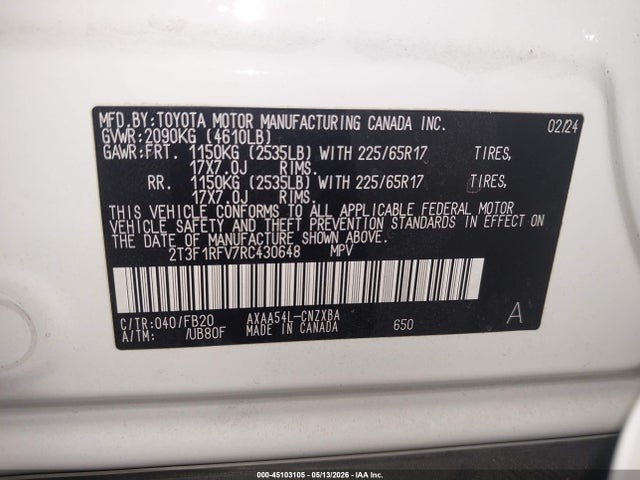 Aukcja sprzedaży 2024 Toyota Rav4 Le, vin: 2T3F1RFV7RC430648, numer aukcji: 45103105