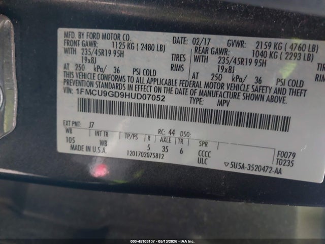 Aukcja sprzedaży 2017 Ford Escape Se, vin: 1FMCU9GD9HUD07052, numer aukcji: 45103107