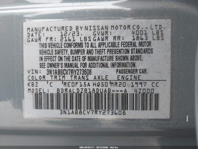 45103111 :رقم المزاد ، 3N1AB8CV7RY273608 vin ، 2024 Nissan Sentra Sv Xtronic Cvt مزاد بيع