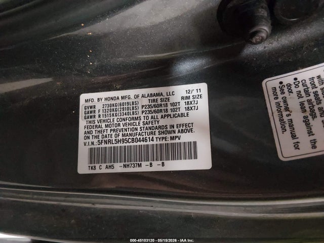 2012 Honda Odyssey Touring/touring Elite მანქანა იყიდება აუქციონზე, vin: 5FNRL5H95CB044614, აუქციონის ნომერი: 45103120