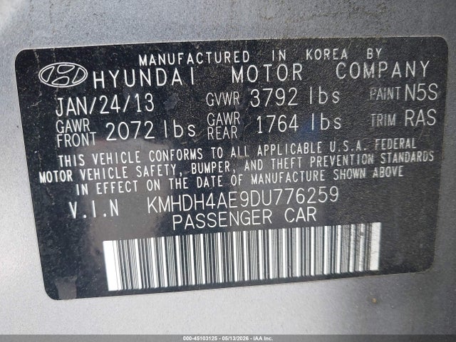 Aukcja sprzedaży 2013 Hyundai Elantra Gls, vin: KMHDH4AE9DU776259, numer aukcji: 45103125