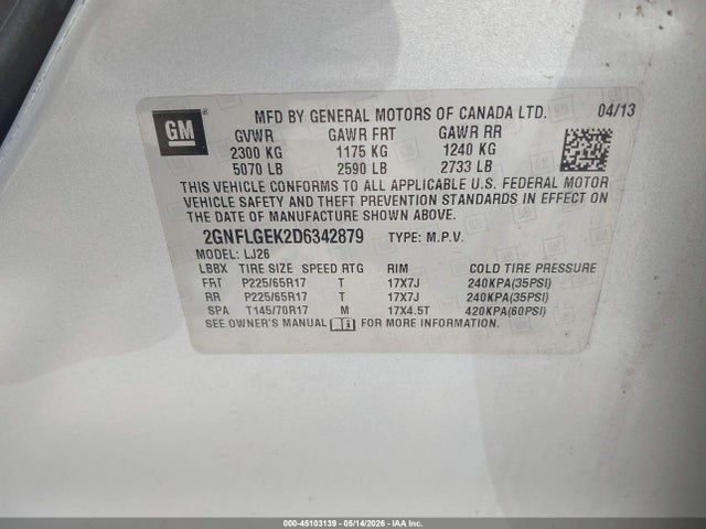 45103139 :رقم المزاد ، 2GNFLGEK2D6342879 vin ، 2013 Chevrolet Equinox Ltz مزاد بيع