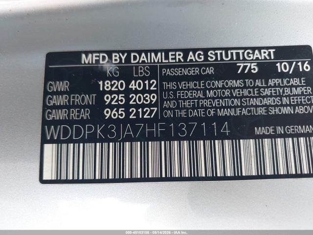 Aukcja sprzedaży 2017 Mercedes-benz Slc 300, vin: WDDPK3JA7HF137114, numer aukcji: 45103158