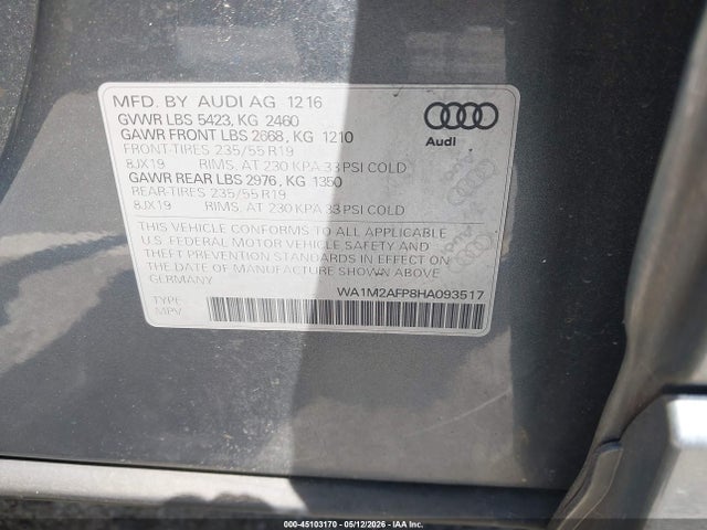 Aukcja sprzedaży 2017 Audi Q5 2.0t Premium, vin: WA1M2AFP8HA093517, numer aukcji: 45103170