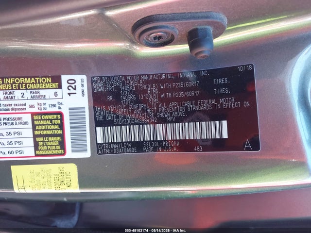45103174 :رقم المزاد ، 5TDYZ3DC4KS984042 vin ، 2019 Toyota Sienna Xle 8 Passenger مزاد بيع