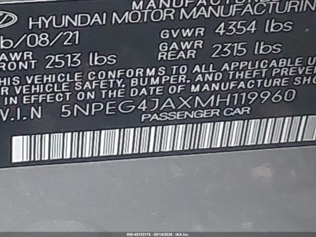 Aukcja sprzedaży 2021 Hyundai Sonata Se, vin: 5NPEG4JAXMH119960, numer aukcji: 45103175
