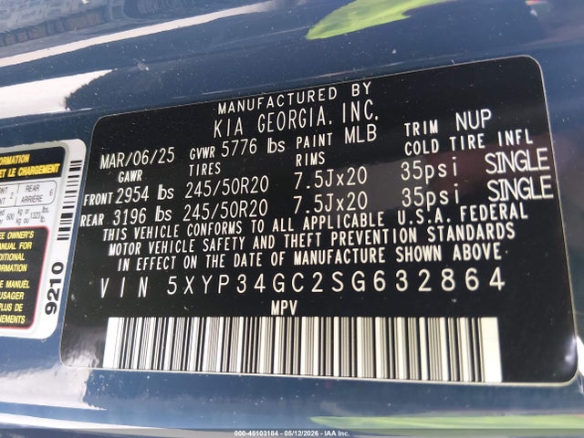 2025 Kia Telluride Ex მანქანა იყიდება აუქციონზე, vin: 5XYP34GC2SG632864, აუქციონის ნომერი: 45103184