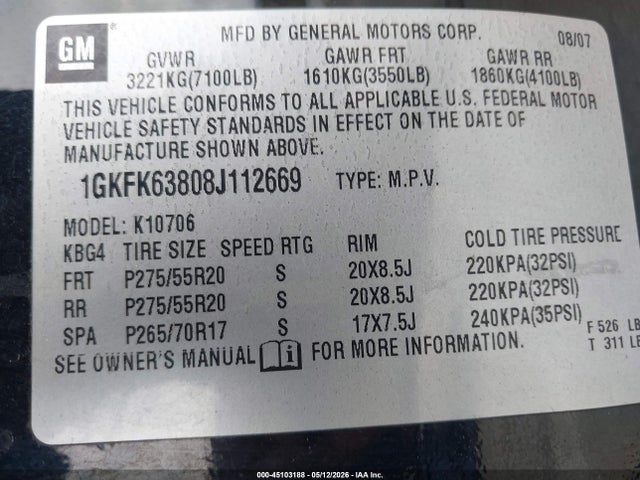 Продажа на аукционе авто 2008 Gmc Yukon Denali, vin: 1GKFK63808J112669, номер лота: 45103188