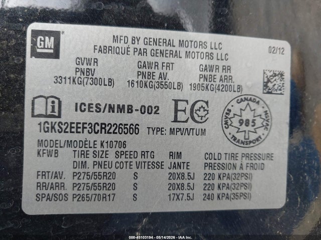 Aukcja sprzedaży 2012 Gmc Yukon Denali, vin: 1GKS2EEF3CR226566, numer aukcji: 45103194
