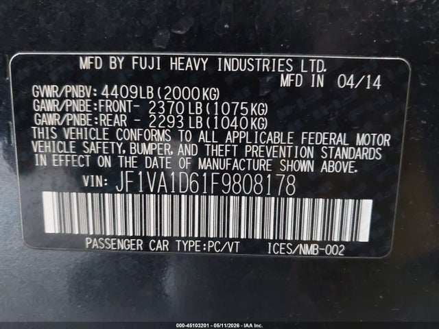 Aukcja sprzedaży 2015 Subaru Wrx Premium, vin: JF1VA1D61F9808178, numer aukcji: 45103201
