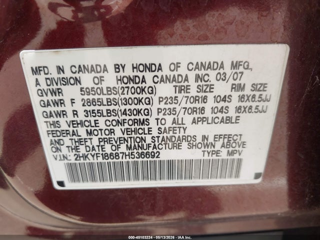 Aukcja sprzedaży 2007 Honda Pilot Ex-l, vin: 2HKYF18687H536692, numer aukcji: 45103224