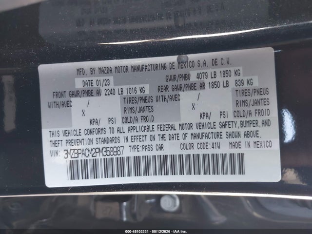 Продажа на аукционе авто 2023 Mazda Mazda3 2.5 S Preferred, vin: 3MZBPACM2PM358987, номер лота: 45103231