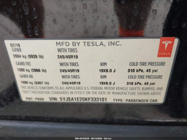 Aukcja sprzedaży 2019 Tesla Model S 100d/75d/long Range/standard Range, vin: 5YJSA1E20KF333101, numer aukcji: 45103235