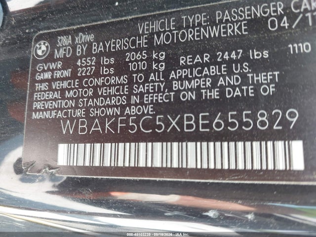 Aukcja sprzedaży 2011 Bmw 328i Xdrive, vin: WBAKF5C5XBE655829, numer aukcji: 45103239
