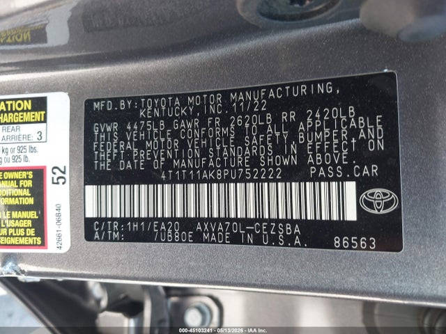 Aukcja sprzedaży 2023 Toyota Camry Se, vin: 4T1T11AK8PU752222, numer aukcji: 45103241