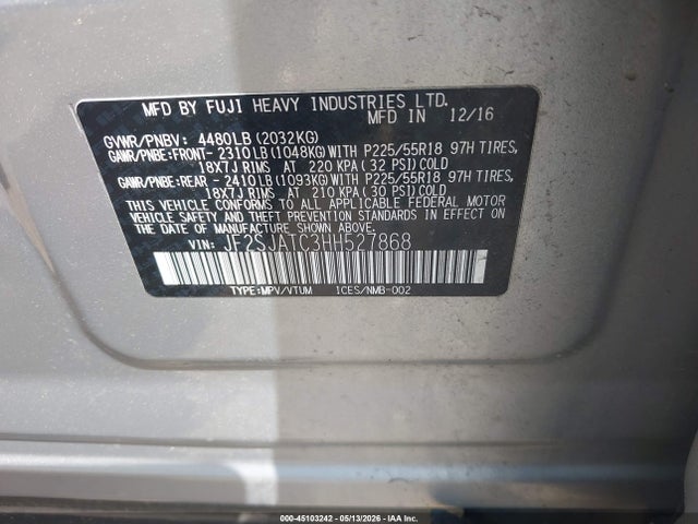 Aukcja sprzedaży 2017 Subaru Forester 2.5i Touring, vin: JF2SJATC3HH527868, numer aukcji: 45103242