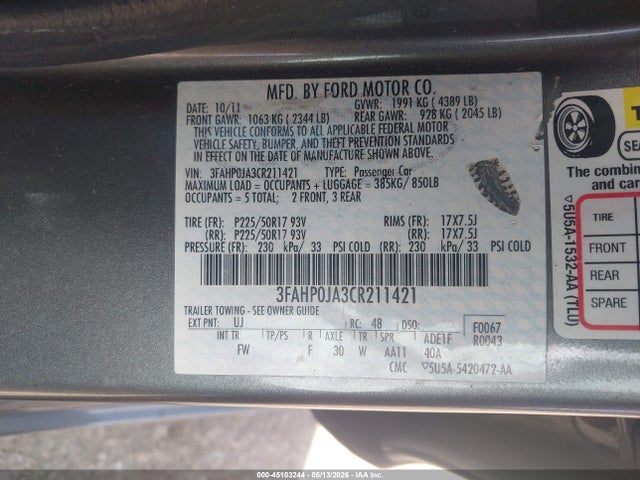 Aukcja sprzedaży 2012 Ford Fusion Sel, vin: 3FAHP0JA3CR211421, numer aukcji: 45103244
