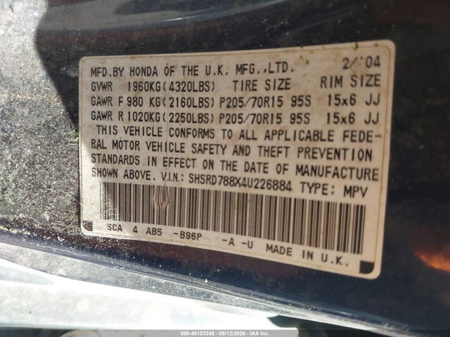 45103248 :رقم المزاد ، SHSRD788X4U226884 vin ، 2004 Honda Cr-v Ex مزاد بيع