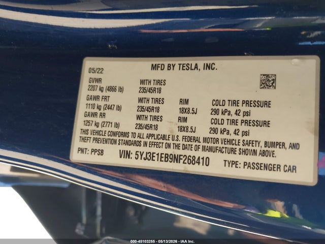Продажа на аукционе авто 2022 Tesla Model 3 Long Range Dual Motor All-wheel Drive, vin: 5YJ3E1EB9NF268410, номер лота: 45103255