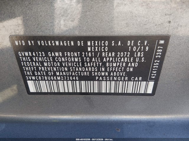 Продажа на аукционе авто 2019 Volkswagen Jetta 1.4t R-line/1.4t S/1.4t Se, vin: 3VWCB7BU6KM272646, номер лота: 45103259
