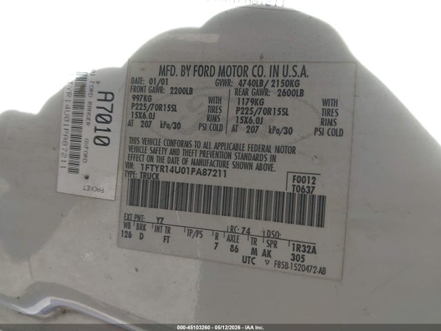 45103260 :رقم المزاد ، 1FTYR14U01PA87211 vin ، 2001 Ford Ranger Edge/xl/xlt مزاد بيع