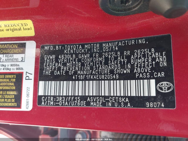 Aukcja sprzedaży 2014 Toyota Camry Se, vin: 4T1BF1FK4EU820549, numer aukcji: 45103261