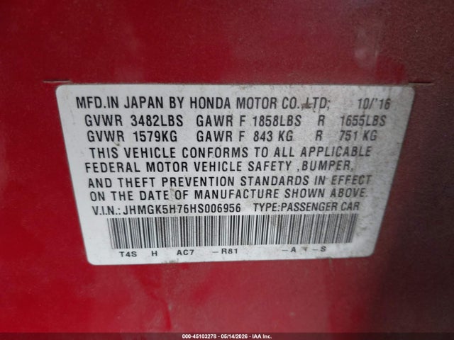 JHMGK5H76HS006956 Honda FIT EX