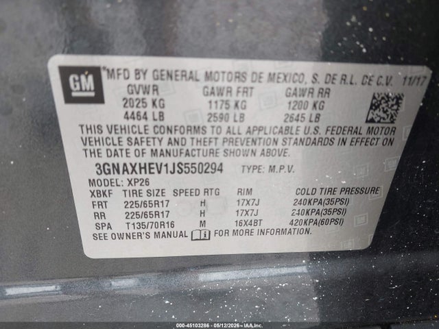 Продаж на аукціоні авто 2018 Chevrolet Equinox Ls, vin: 3GNAXHEV1JS550294, номер лоту: 45103286