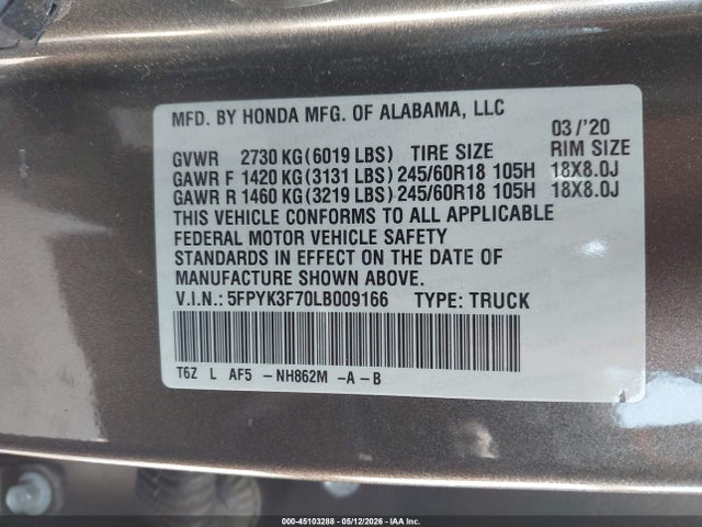 Honda Ridgeline Rtl-e 2020 5FPYK3F70LB009166 Image 9