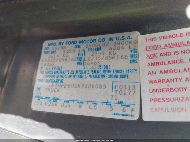 Продажа на аукционе авто 1989 Ford F250, vin: 1FTHF26H0KPA08085, номер лота: 45103292