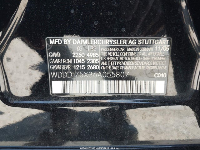 Aukcja sprzedaży 2006 Mercedes-benz Cls 500, vin: WDDDJ75X36A055807, numer aukcji: 45103310