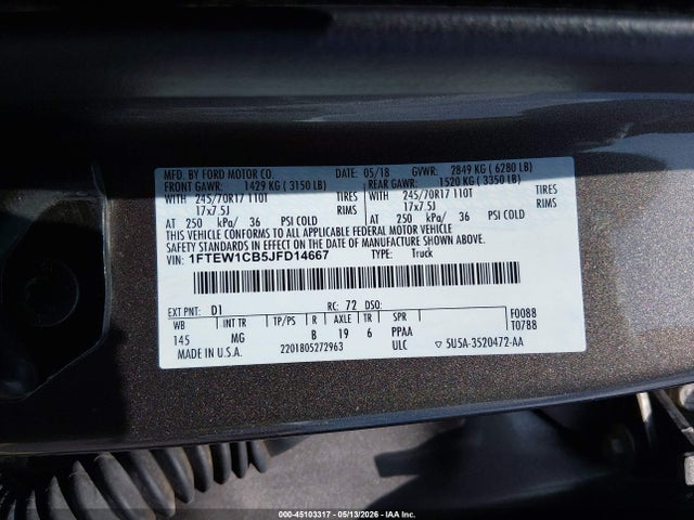 2018 Ford F-150 Xlt მანქანა იყიდება აუქციონზე, vin: 1FTEW1CB5JFD14667, აუქციონის ნომერი: 45103317