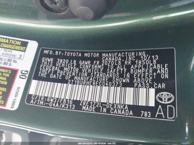 Aukcja sprzedaży 2014 Toyota Corolla Le, vin: 2T1BURHE8EC040373, numer aukcji: 45103318