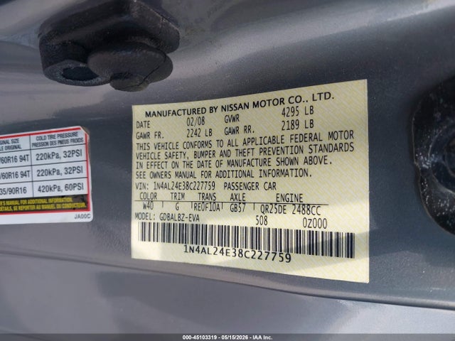Aukcja sprzedaży 2008 Nissan Altima 2.5 S, vin: 1N4AL24E38C227759, numer aukcji: 45103319