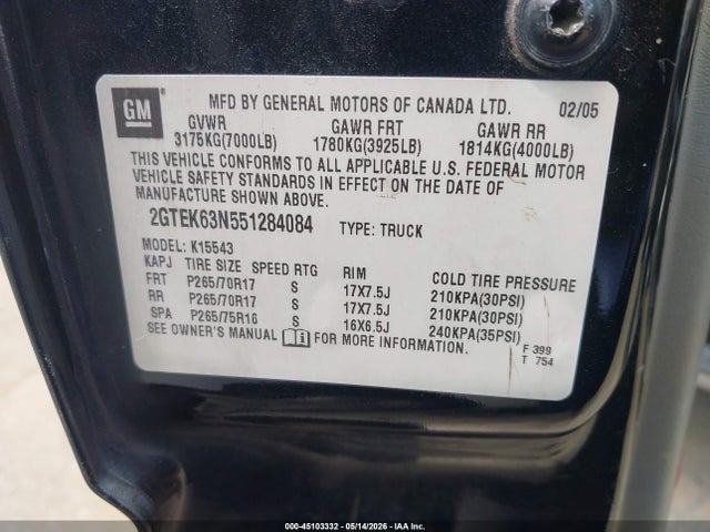 45103332 :رقم المزاد ، 2GTEK63N551284084 vin ، 2005 Gmc Sierra 1500 Denali مزاد بيع