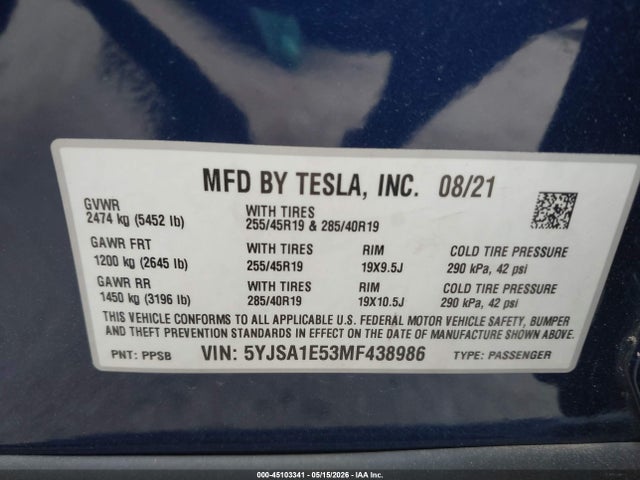 Aukcja sprzedaży 2021 Tesla Model S Long Range Dual Motor All-wheel Drive, vin: 5YJSA1E53MF438986, numer aukcji: 45103341