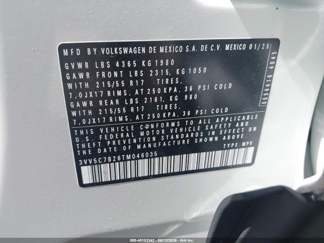 45103342 :رقم المزاد ، 3VV5C7B26TM046035 vin ، 2026 Volkswagen Taos S مزاد بيع