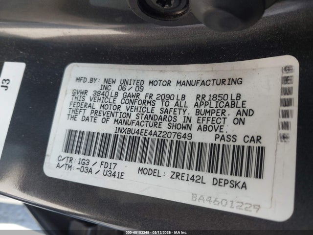 Aukcja sprzedaży 2010 Toyota Corolla S, vin: 1NXBU4EE4AZ207649, numer aukcji: 45103345