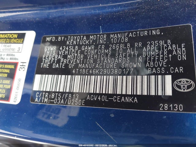 2009 Toyota Camry მანქანა იყიდება აუქციონზე, vin: 4T1BE46K29U380177, აუქციონის ნომერი: 45103352