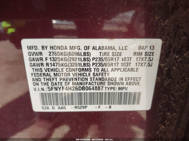 Продажа на аукционе авто 2013 Honda Pilot Lx, vin: 5FNYF4H26DB064887, номер лота: 45103366