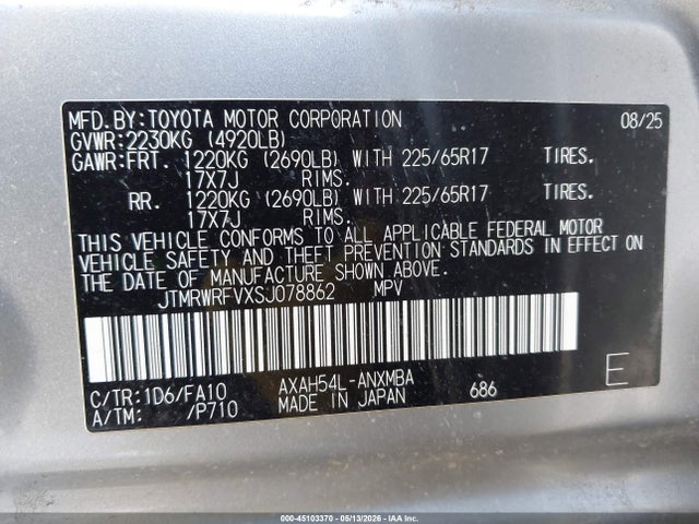 Aukcja sprzedaży 2025 Toyota Rav4 Hybrid Xle, vin: JTMRWRFVXSJ078862, numer aukcji: 45103370
