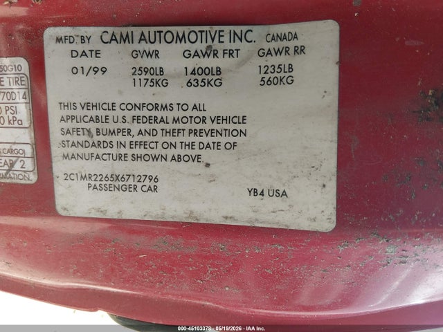 45103378 :رقم المزاد ، 2C1MR2265X6712796 vin ، 1999 Chevrolet Metro مزاد بيع