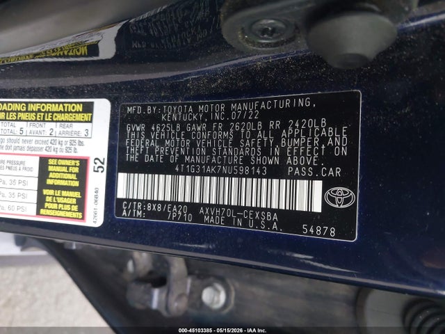 4T1G31AK7NU598143 Toyota Camry Se Hybrid
