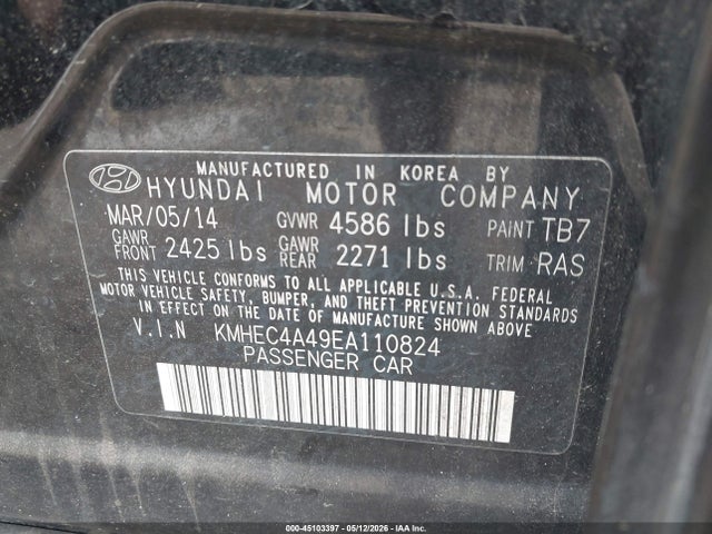 2014 Hyundai Sonata Hybrid Limited მანქანა იყიდება აუქციონზე, vin: KMHEC4A49EA110824, აუქციონის ნომერი: 45103397