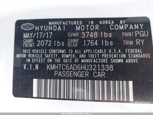 Aukcja sprzedaży 2017 Hyundai Veloster Value Edition, vin: KMHTC6AD6HU321338, numer aukcji: 45103398