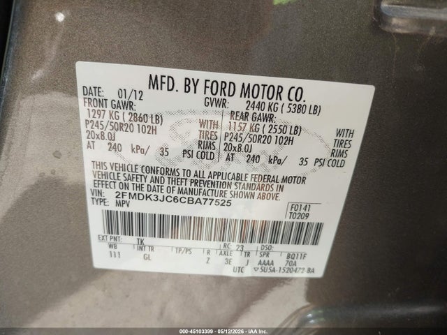 Продаж на аукціоні авто 2012 Ford Edge Sel, vin: 2FMDK3JC6CBA77525, номер лоту: 45103399
