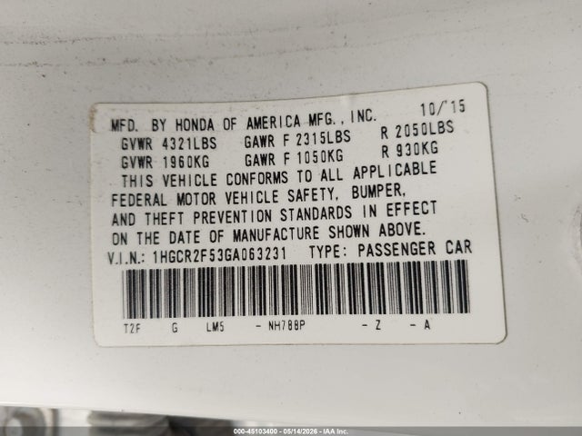 1HGCR2F53GA063231 Honda Accord Sport